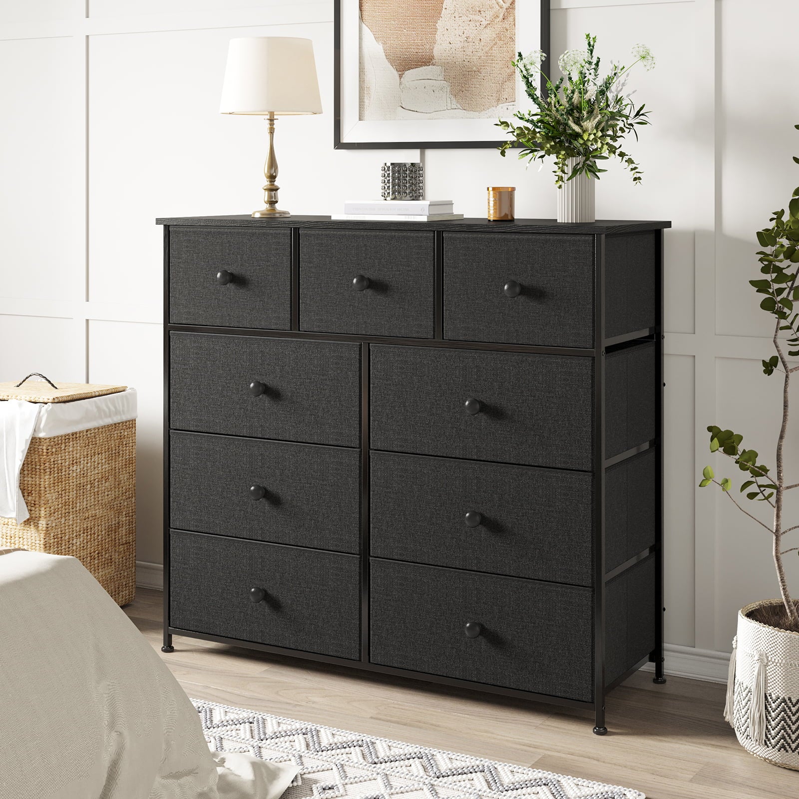 REAHOME Dressers for Bedroom of 9 Drawer Chest of Drawers Closets Black Dresser Large Capacity Organizer Tower Steel Frame Wooden Top YLZ9B6