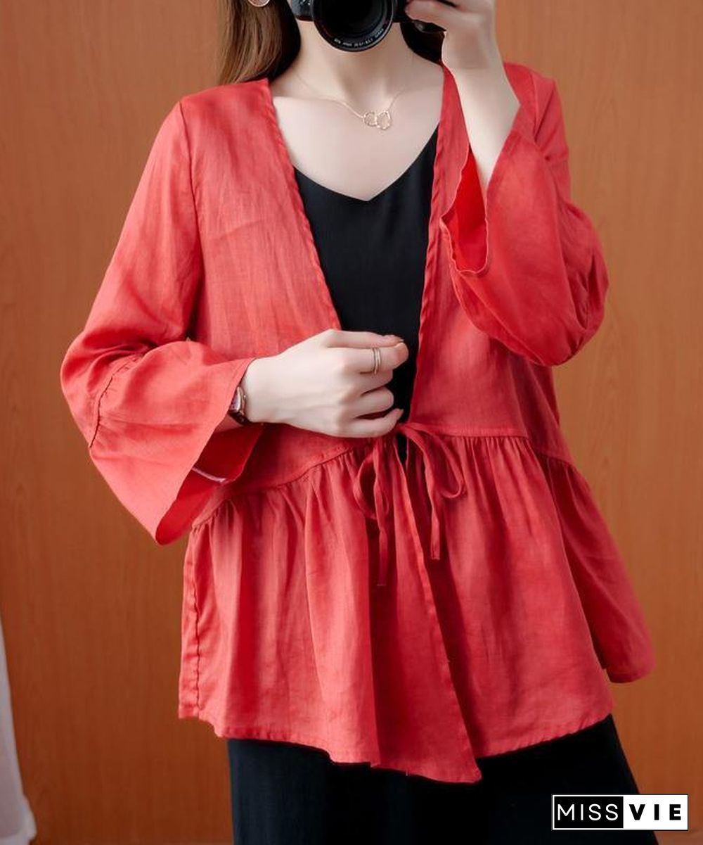 Beautiful red tunics for women v neck Ruffles loose summer blouses