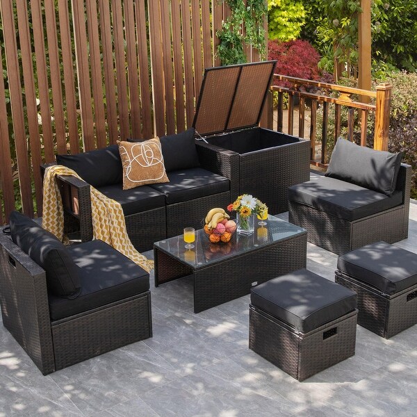 Costway 8PCS Patio Rattan Furniture Set SpaceSaving Storage Cushion