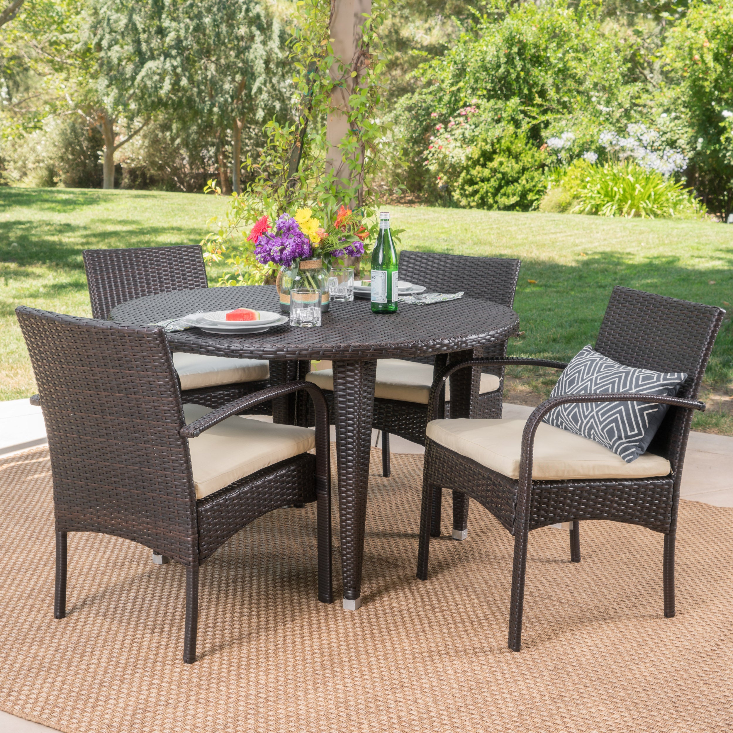 Maloa Outdoor 5 Piece Wicker Circular Dining Set with Water Resistant Cushions