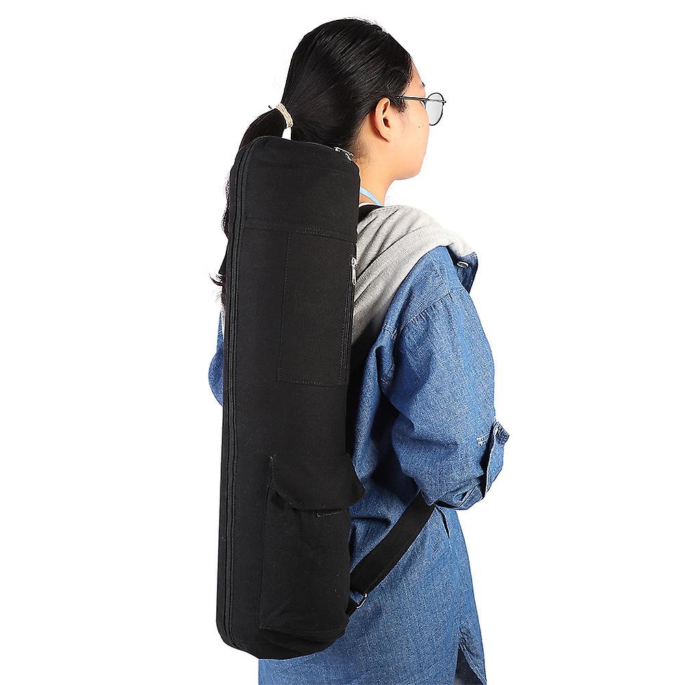 Multifunctional Black Canvas Yoga Mat Storage Bag Carrier Backpack With Adjustable Strap