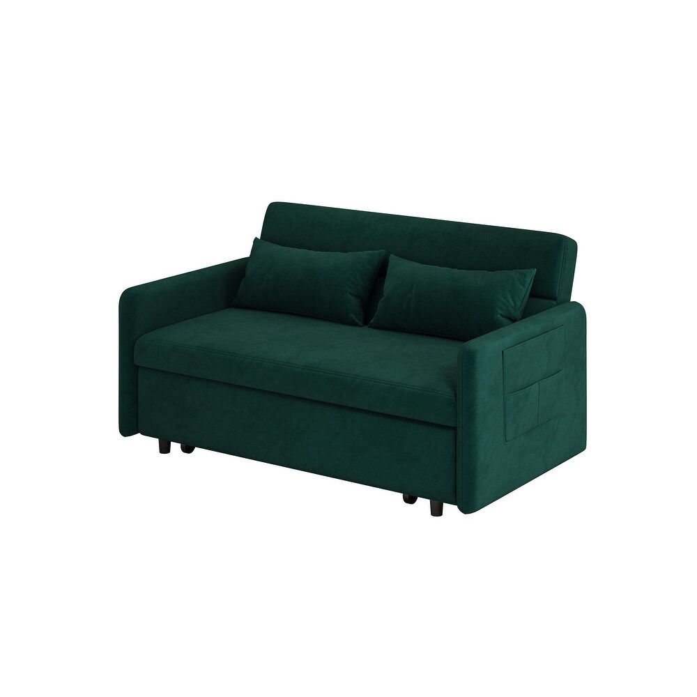 Modern Sleeper Loveseat with Pull out Sofa Bed  Pillows for Living Room  Velvet Folding Loveseat Recliner Bed with Pocket  Green