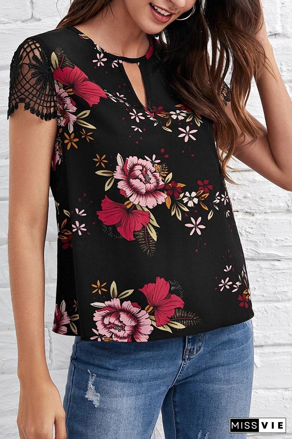 Lace Short-sleeved Floral Printe Top Wholesale