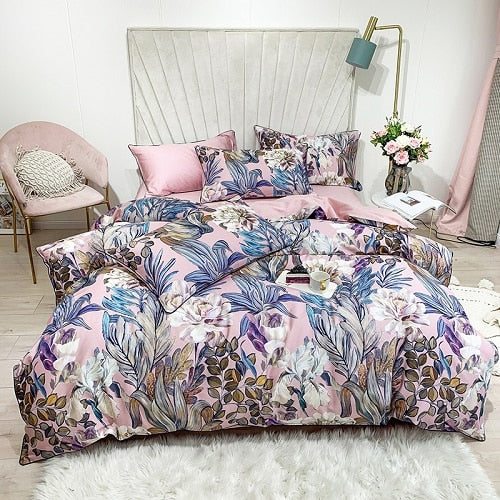 6Pcs Luxury Egyptian Cotton Bedding Set Bright Flamingo Leaf Duvet Cover Bed Fitted sheet