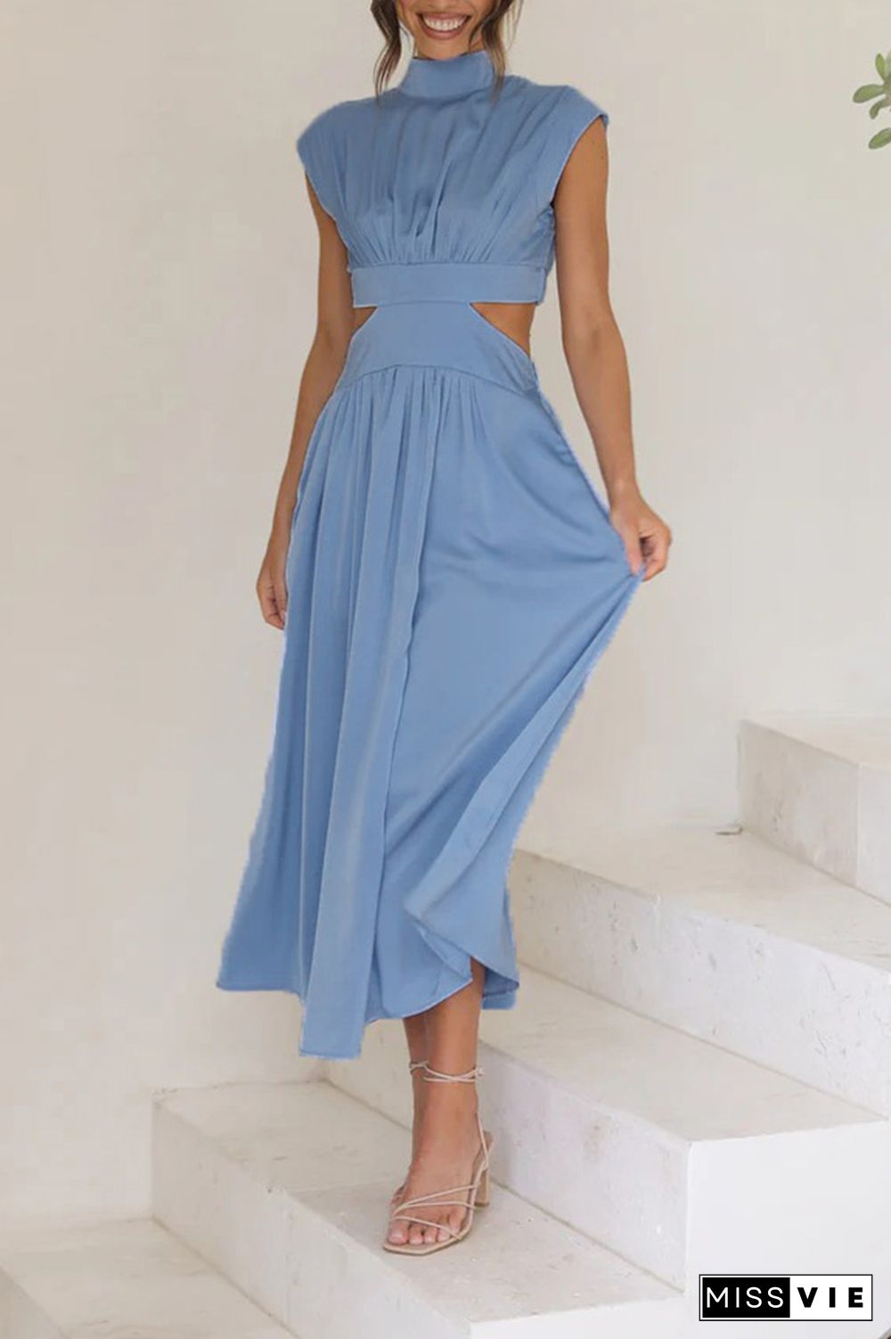 Plain Frilled High Collar Cut Out Waist Maxi Dress