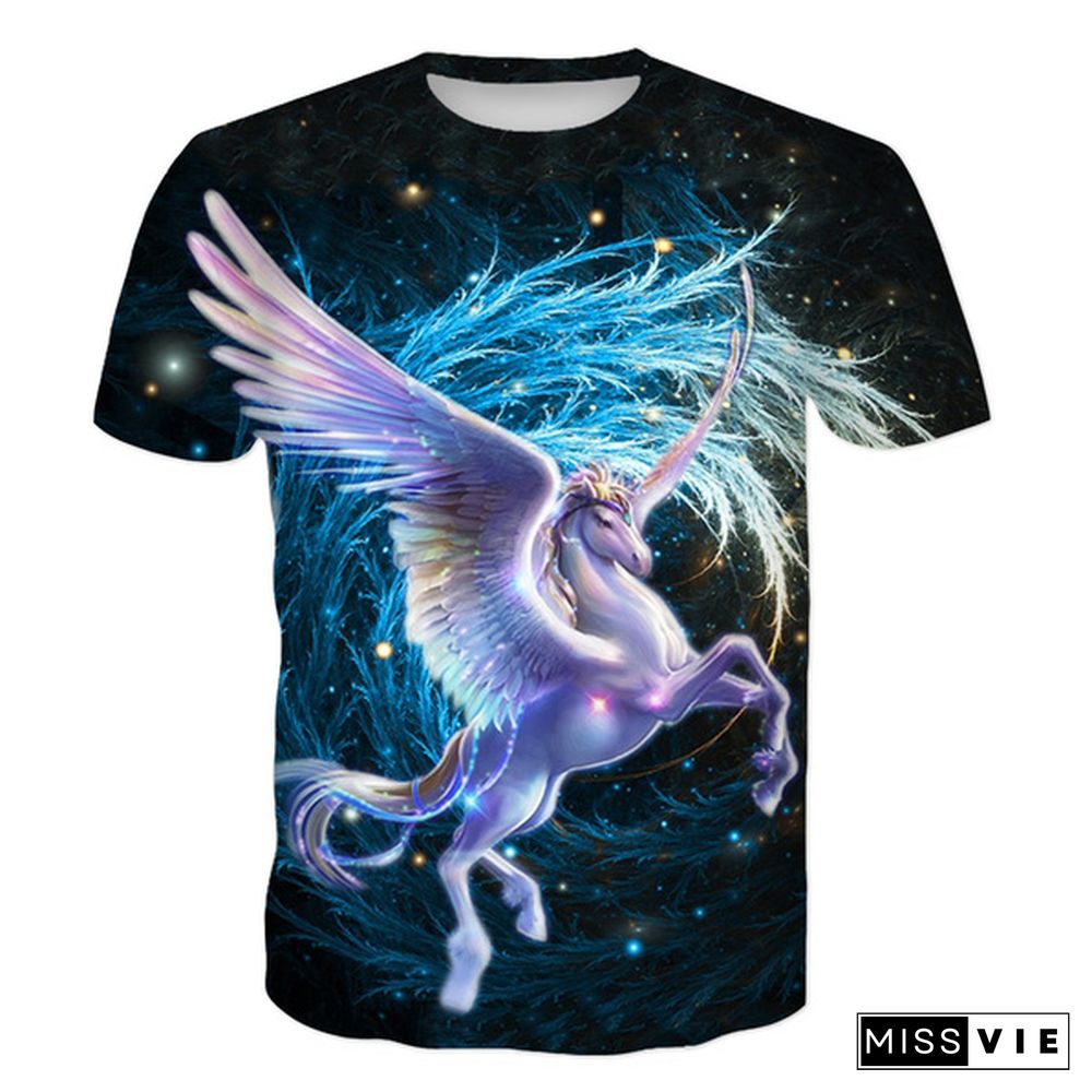 Fashion Street Wear High Quality women's 3d Printed O-neck Unicorn Horse T-shirts