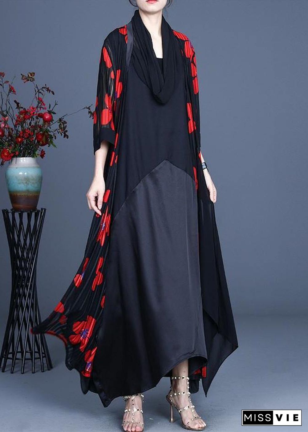 Simple Red Floral Summer Silk Long Loose Jacket