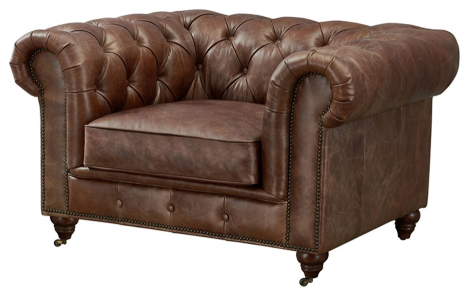 Century Top Grain Leather Chesterfield Arm Chair  Bark Brown Leather   Traditional   Armchairs And Accent Chairs   by Homesquare  Houzz