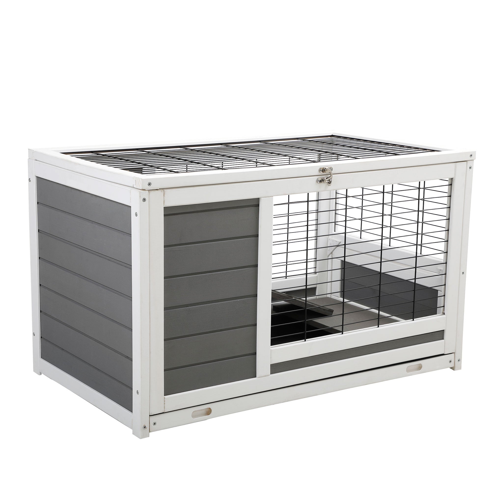 2-Tier Pet House，Indoor Rabbit Hutch with Enclosed Run，for Rabbits and Guinea Pigs，Grey