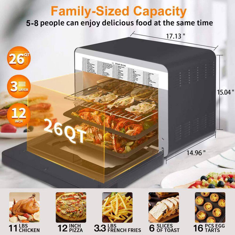 Amucolo 1650 W 6-Slice Black Stainless Steel Air Fryer Toaster Oven 26 qt. Steam Convection Countertop Oven 50-Cooking Presets GBK-CYW1-25A