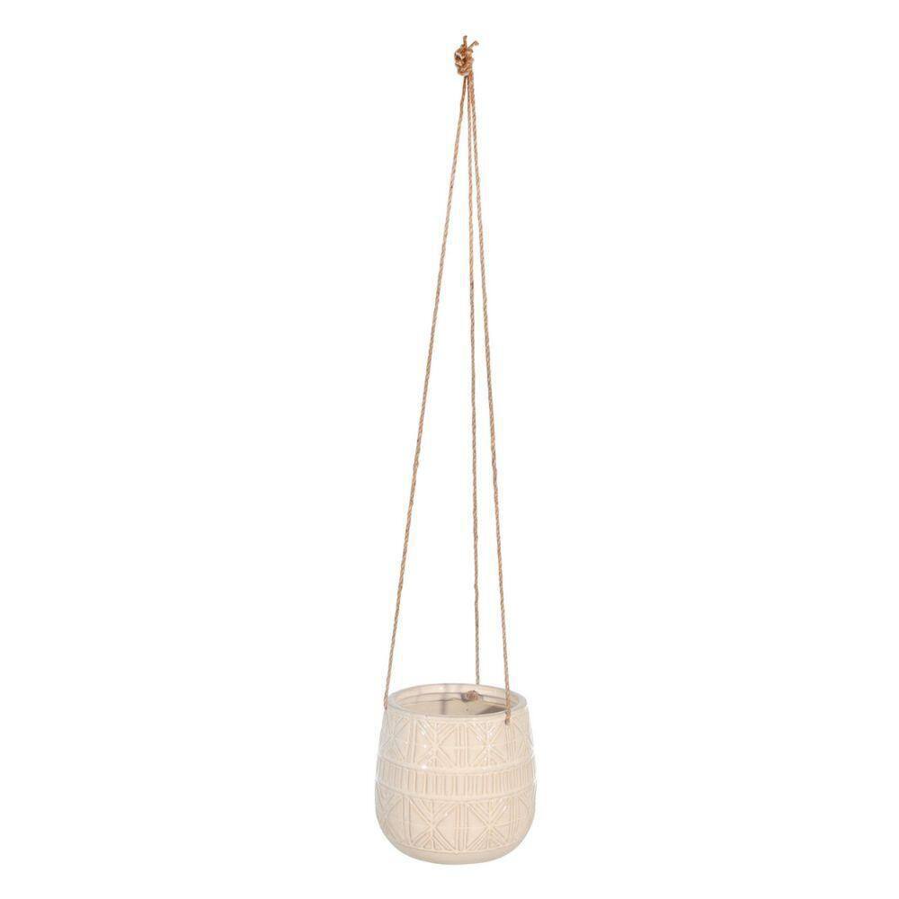 Benjara 7 in. L x 6.5 in. H Beige Hanging Planter with Ceramic Body and Abstract Details BM263811