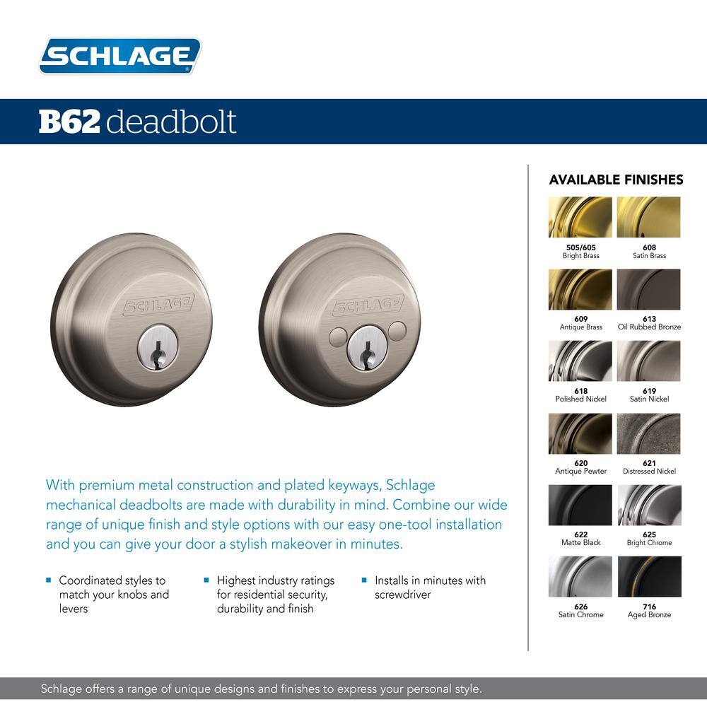 Schlage B62 Series Aged Bronze Double Cylinder Deadbolt Certified Highest for Security and Durability B62.N.G.716