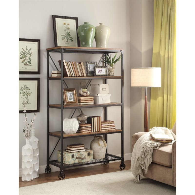 Pemberly Row 40 quot5 Shelf Metal Bookcase in Pine   Industrial   Bookcases   by Homesquare  Houzz