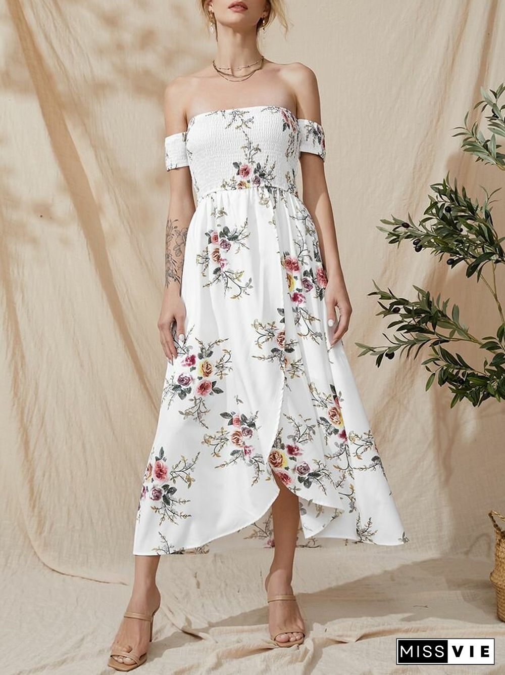 Flower Print Short Sleeve Asymmetrical Hem Maxi Dress