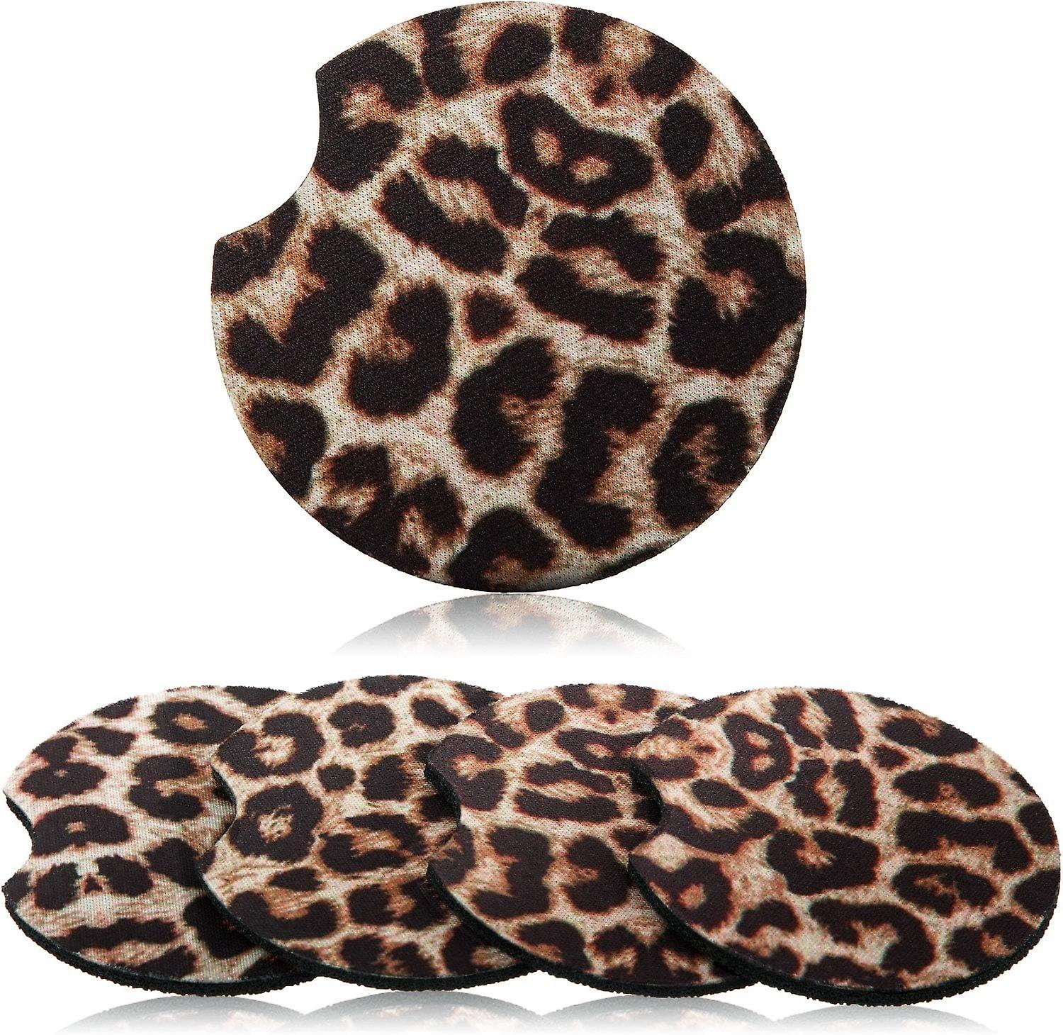 2.56 Inch Leopard Car Coasters For Drinks Neoprene Cup Coaster Rubber Car Cup Pad Mat Car Accessories For Car Living Room Kitchen Office To Protect Ca