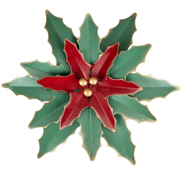 Small Green And Red Metal Poinsettia Christmas Wall Hanging