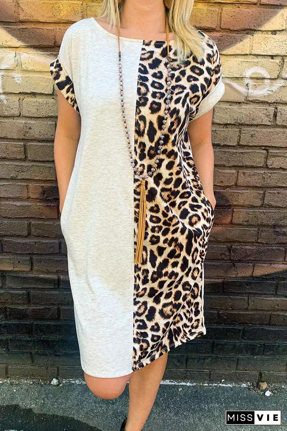 Leopard Color Block Pocket T-Shirt Dress Wholesale