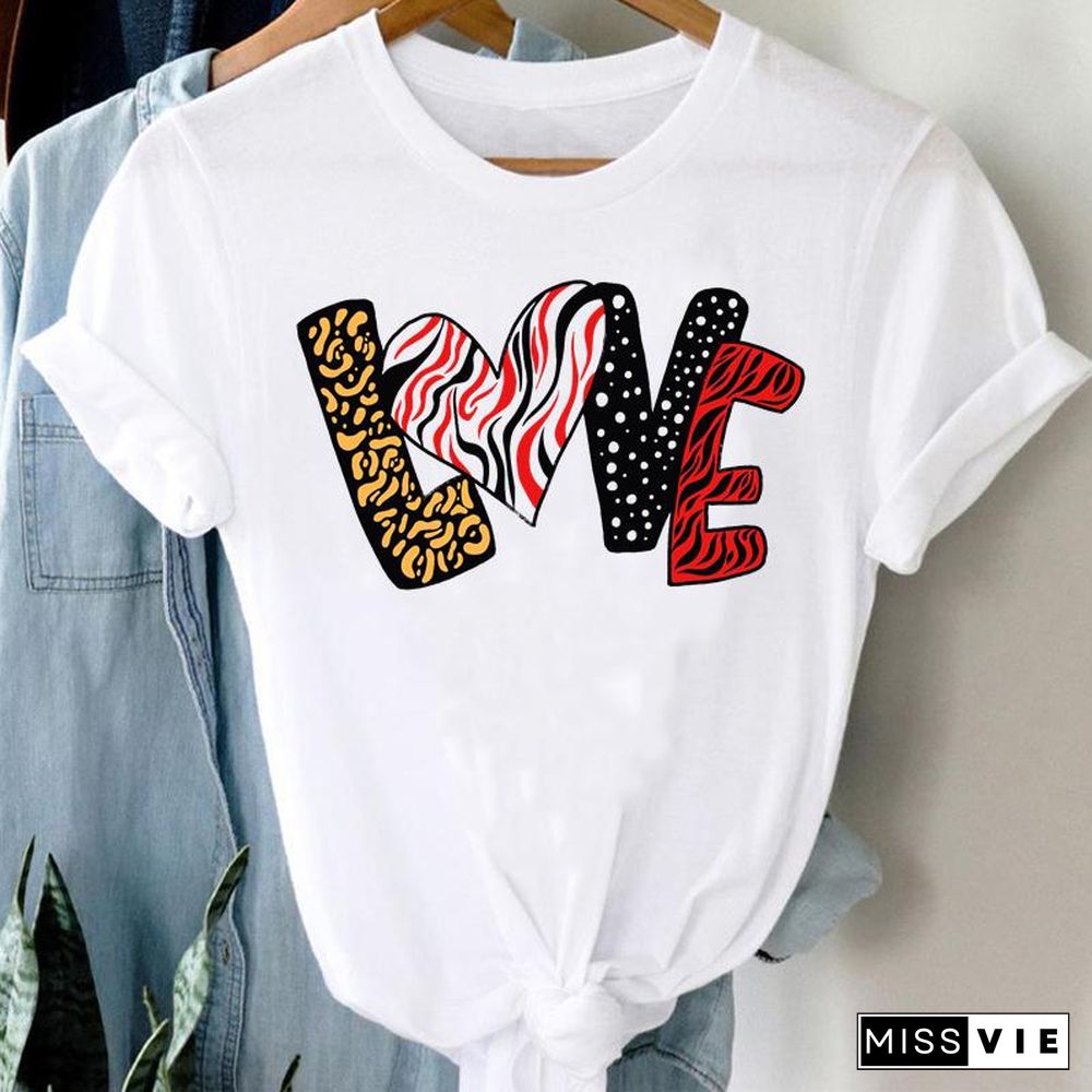 Tee Women Top Leopard Love Heart Cute Clothes Lady Casual Short Sleeve Fashion Summer Tshirt Regular Female Graphic T-Shirt