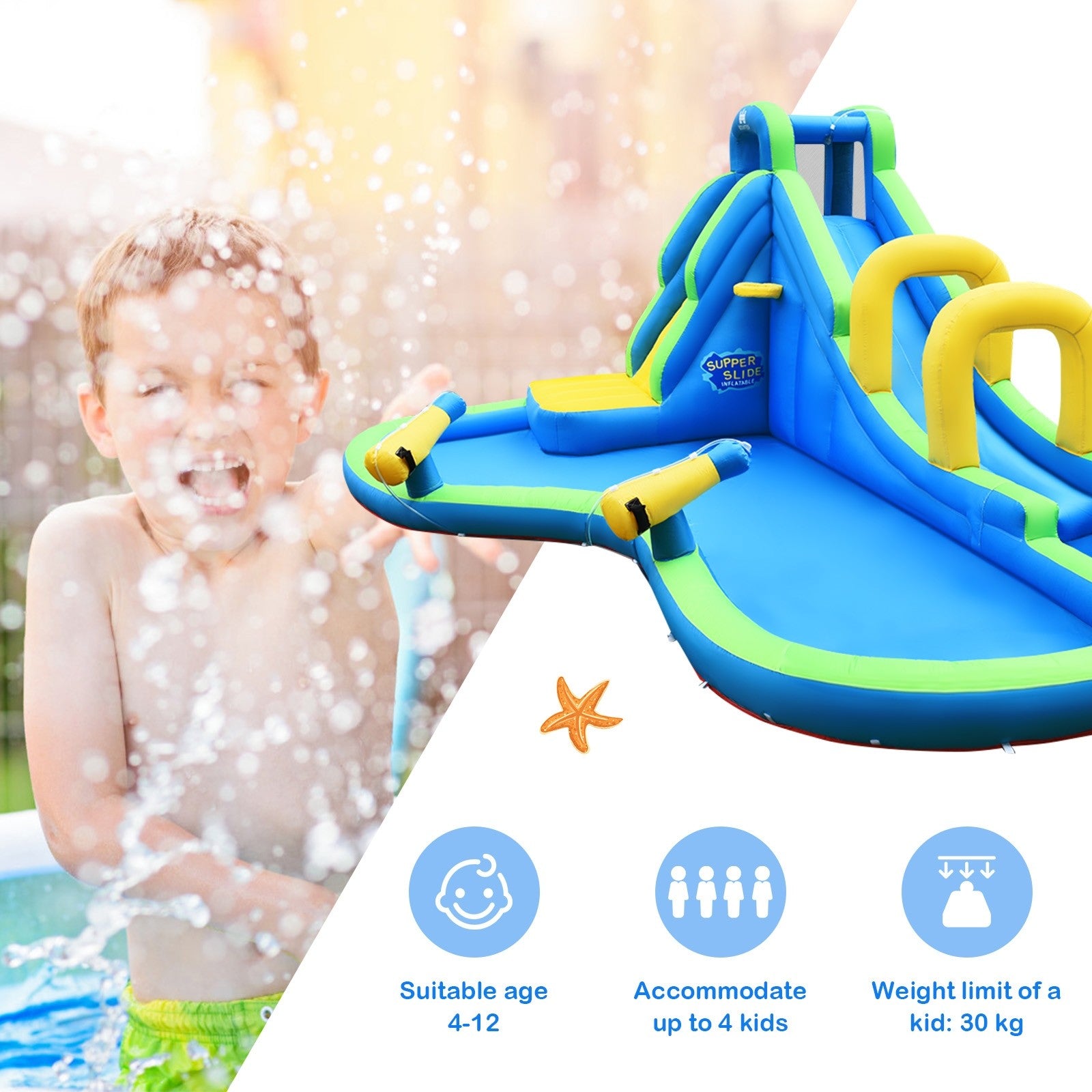 BOUNTECH Long Slide Bouncer Park w/Climbing Wall & Splashing Pool