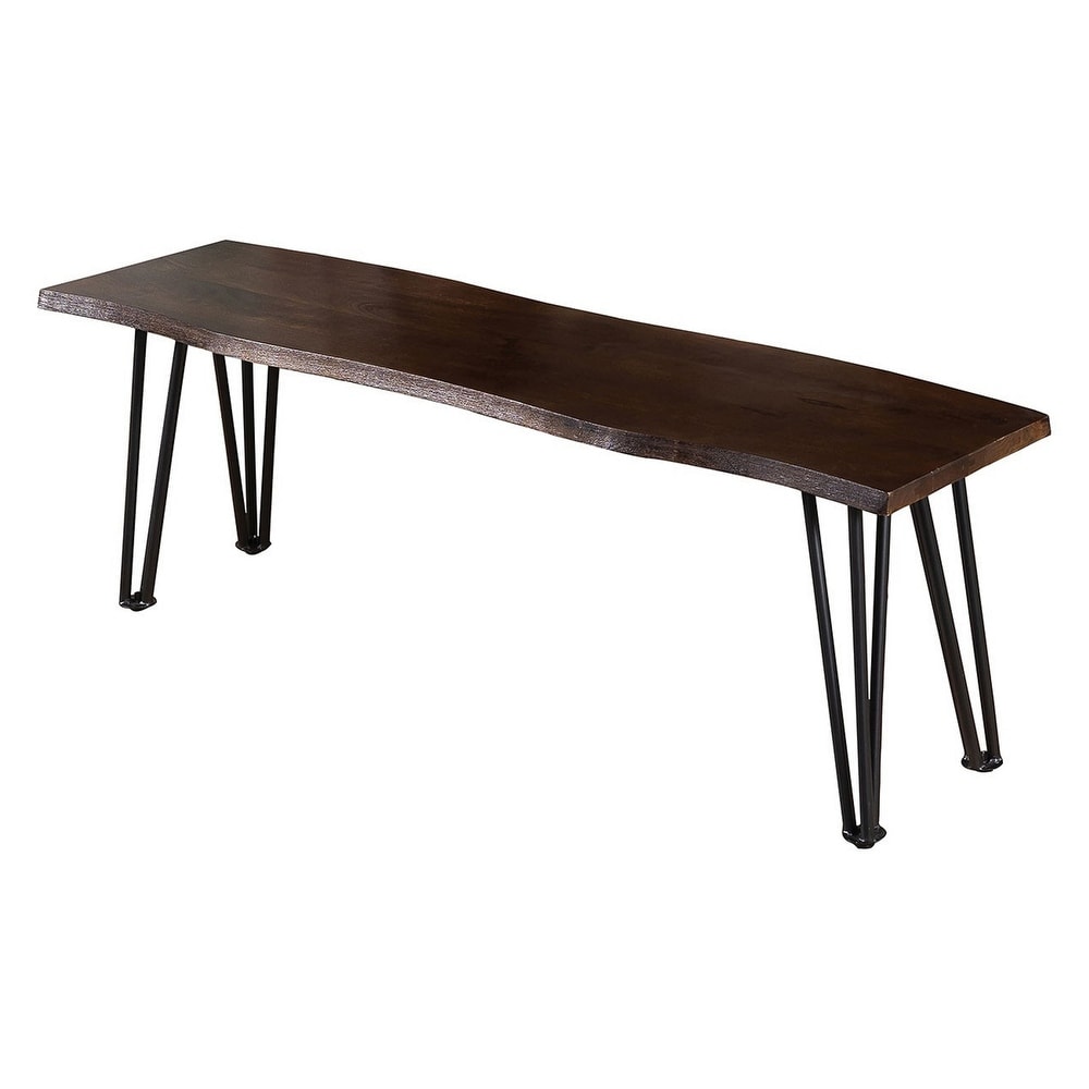 Adi 54 Inch Dining Bench  Live Edge Brown Wood Seat  Gray Iron Hairpin Legs