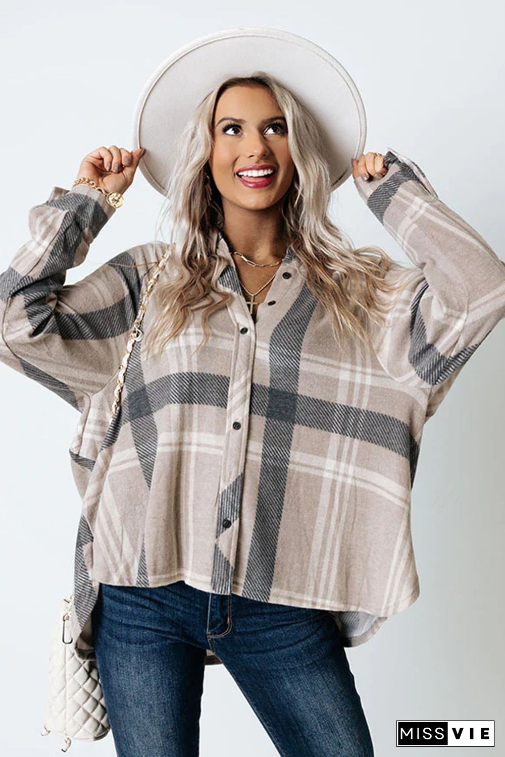 Khaki High Low Brushed Plaid Oversize Shirt