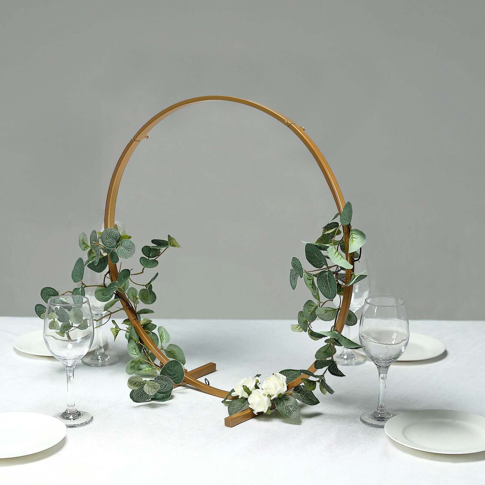 Gold Round Arch Wedding Centerpiece, Metal Hoop Wreath Tabletop Decor 20