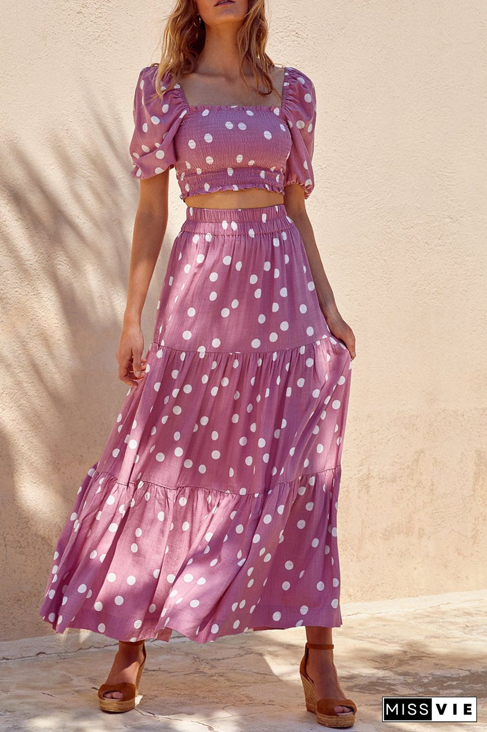 Dot Puff Sleeve Crop Maxi Skirts Set