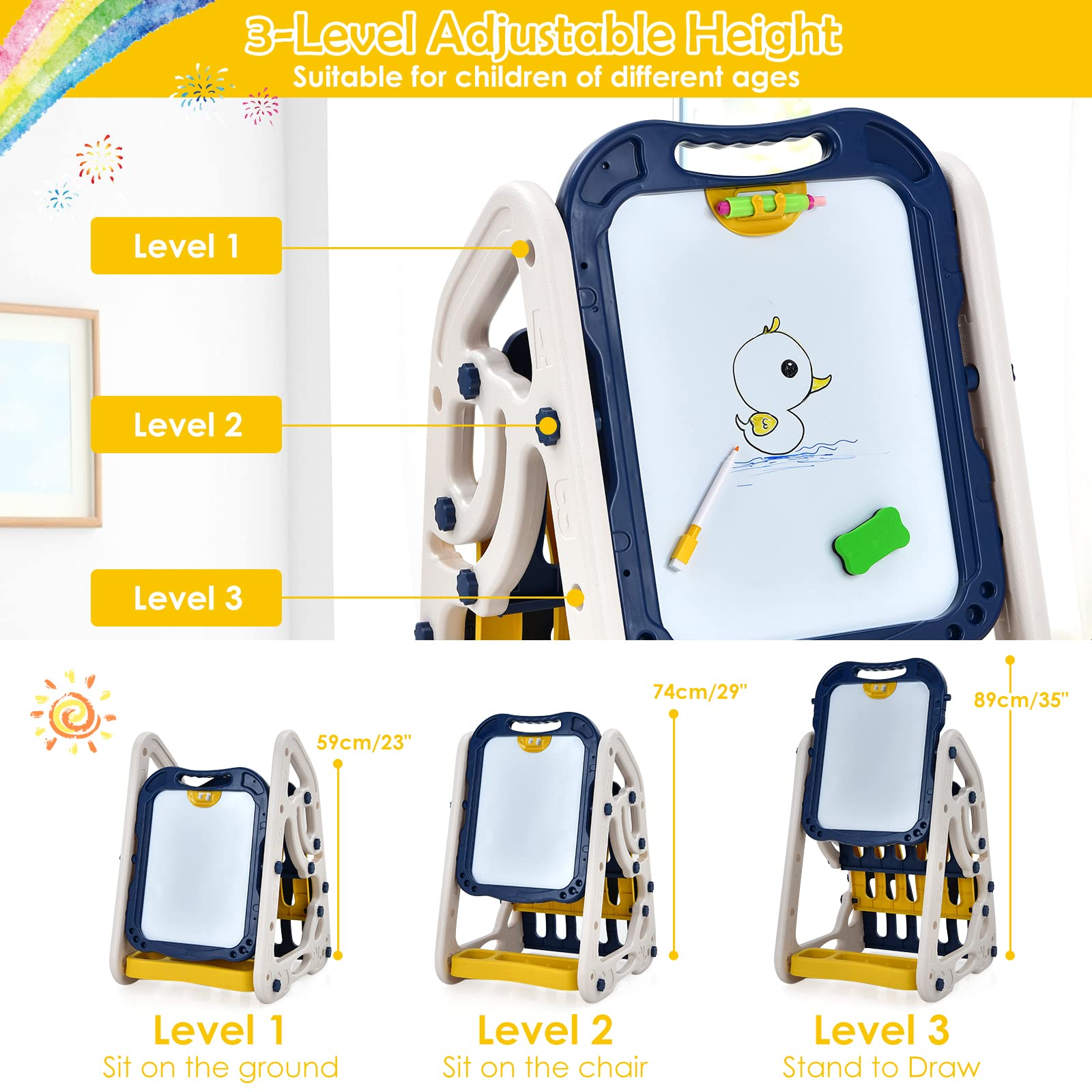 Costzon 3 in 1 Art Easel for Kids, Double Sided Magnetic Whiteboard & Chalkboard w/ Book Rack