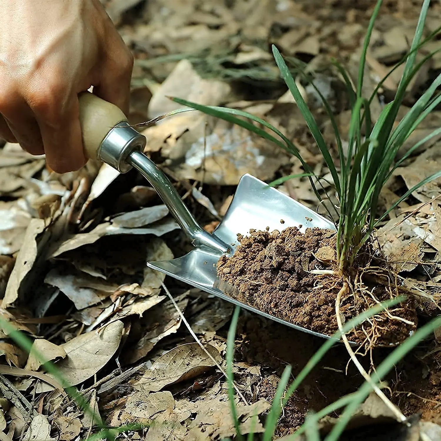 Customized Sturdy Stainless Steel Gardening Tools Scoop Hand Trowel Fork with Wooden Handle and Leather Strap