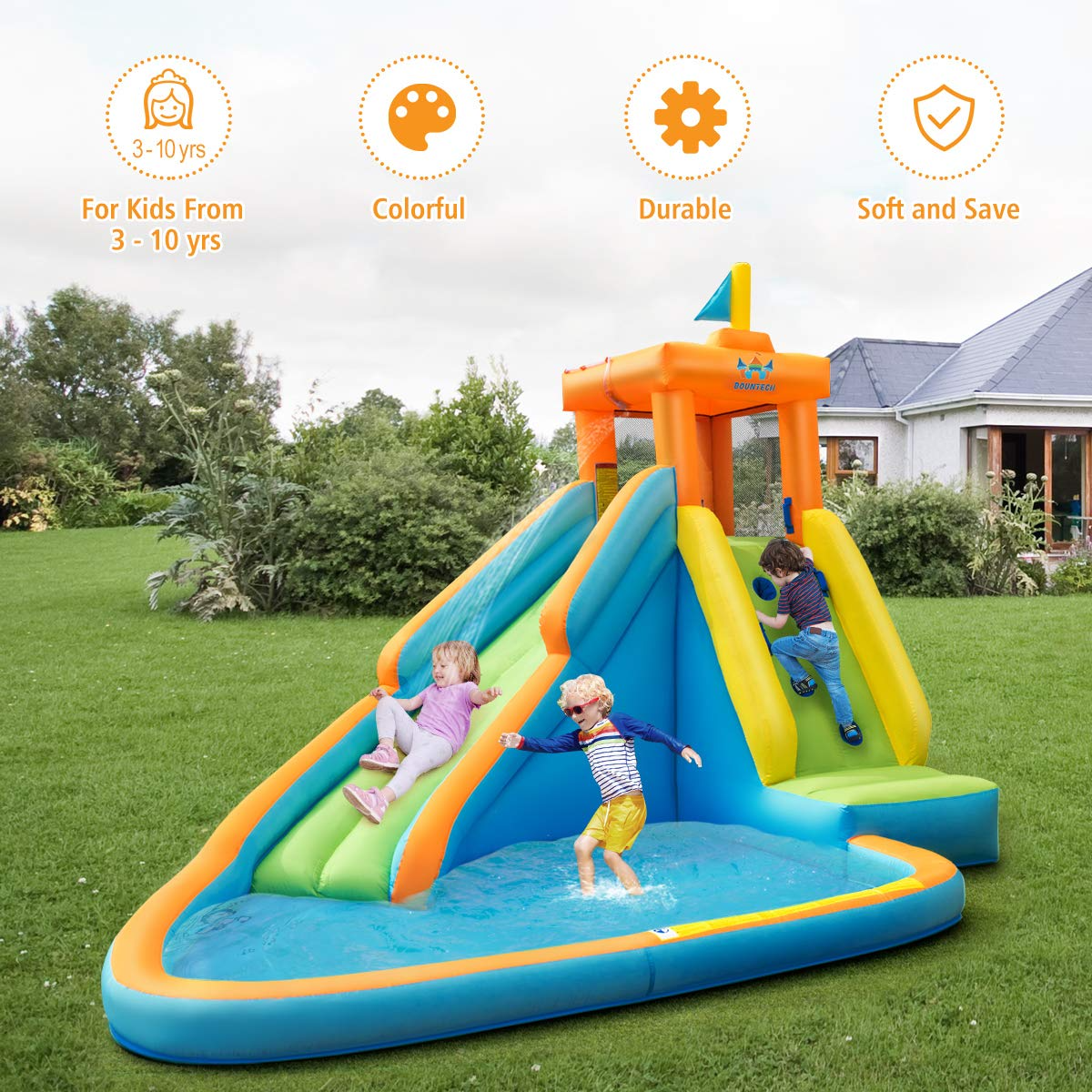 Inflatable Water Slide, Bouncer Pool w/Long Slide (Without Blower)