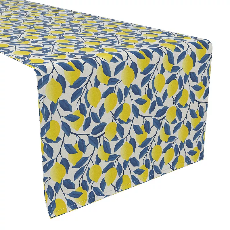 Table Runner， 100% Cotton， 16x90， Lemon Tree with Blue Leaves