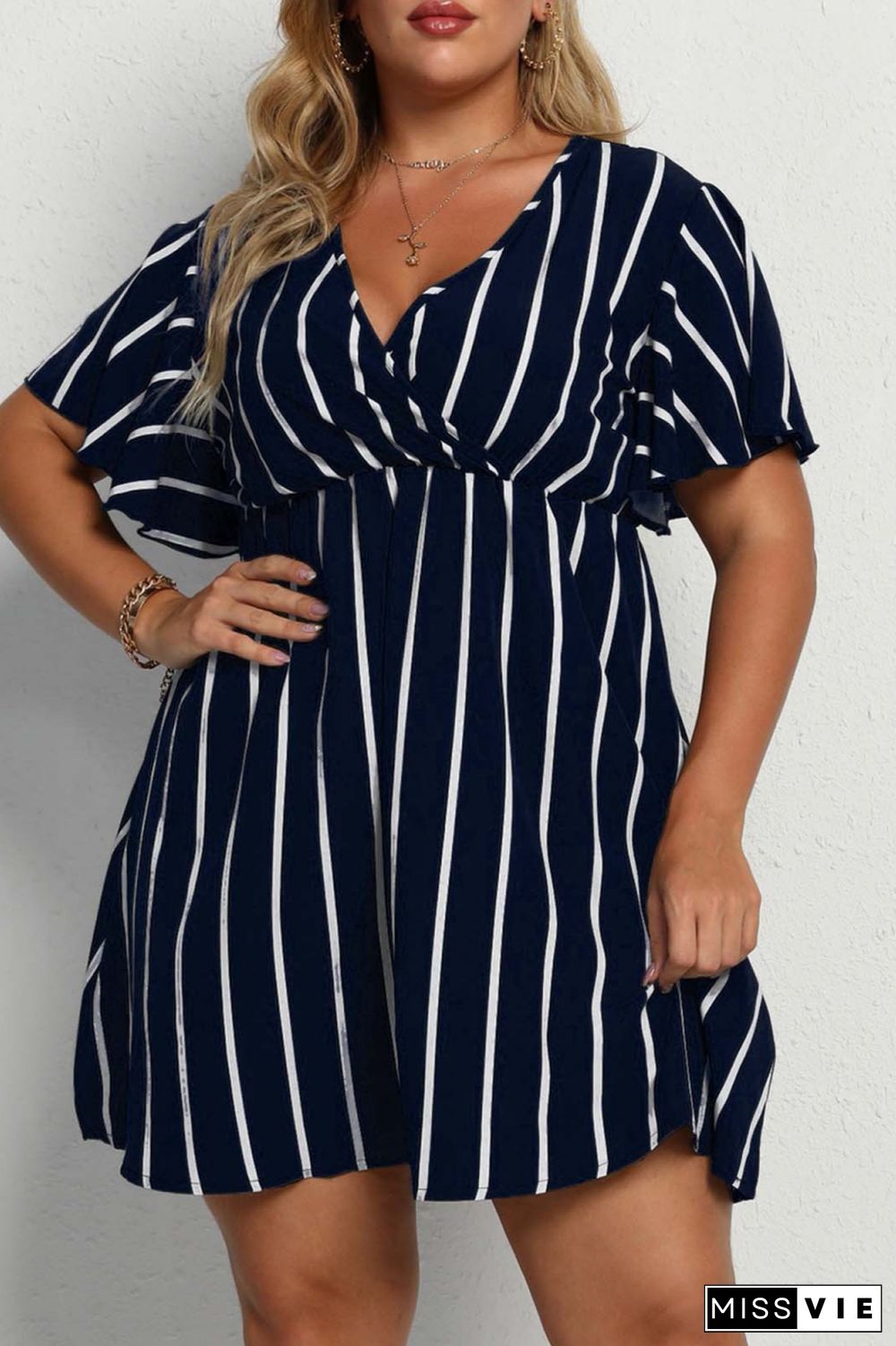 Black Casual Striped Print Patchwork V Neck Short Sleeve Dress Plus Size Dresses