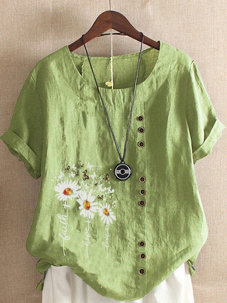 Round Neck Casual Loose Marguerite Flower Print Short Sleeve Blouse