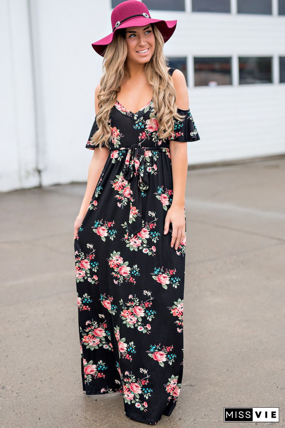 Black Cold Shoulder High Waist Floral Dress with Belt