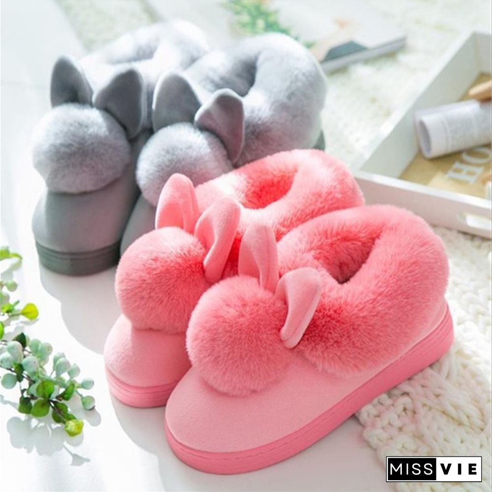 Winter Cute Rabbit Hair Indoor Warm Non-Slip Cotton Slippers Winter Women Shoes