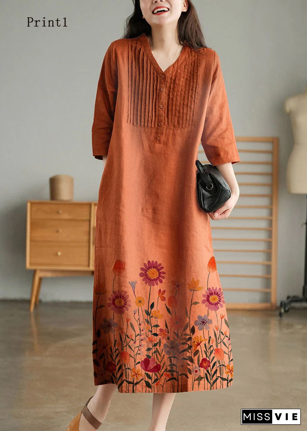 Print4 Loose Linen Long Dresses Button Solid Half Sleeve