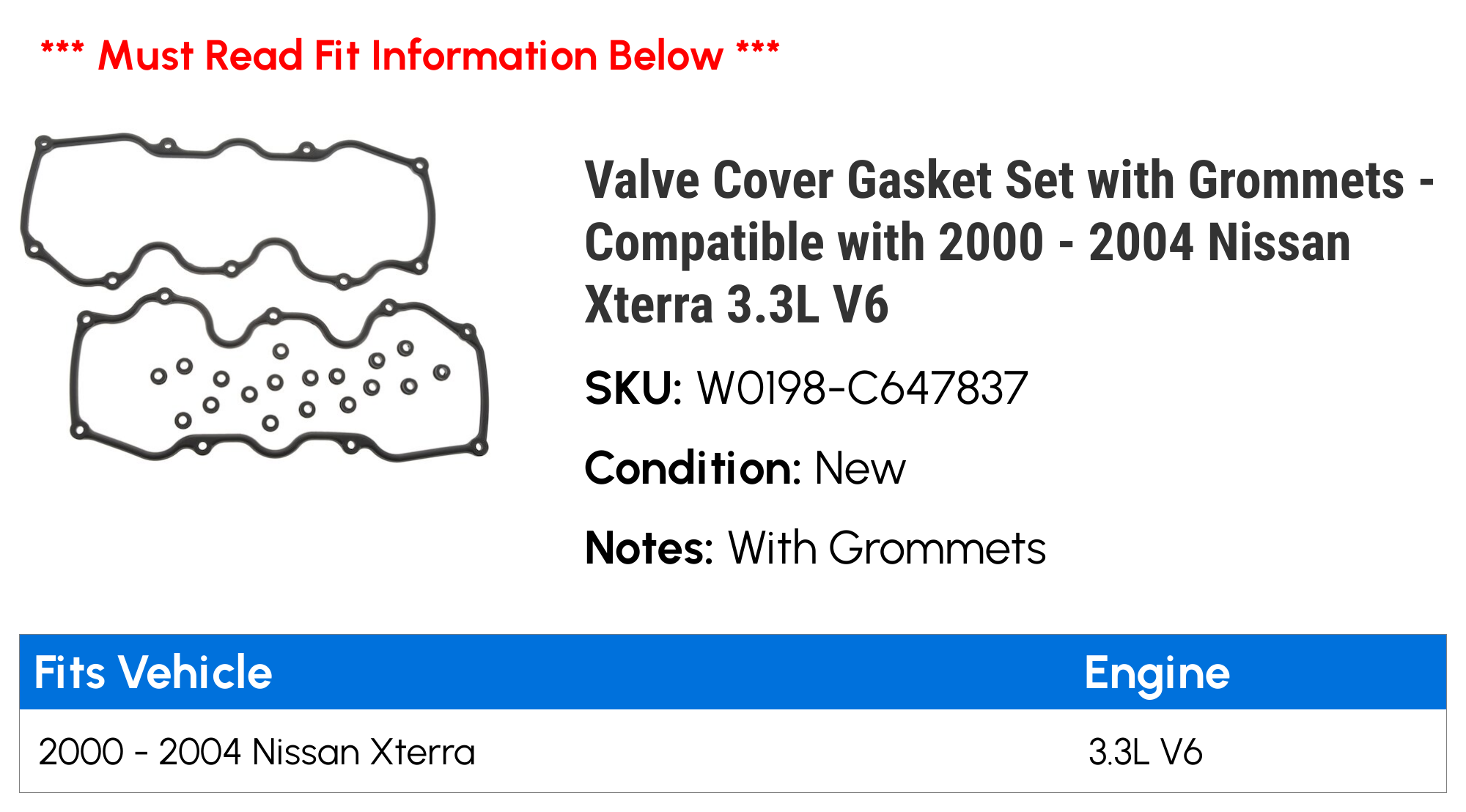 Valve Cover Gasket Set with Grommets - Compatible with 2000 - 2004 Nissan Xterra 3.3L V6 2001 2002 2003