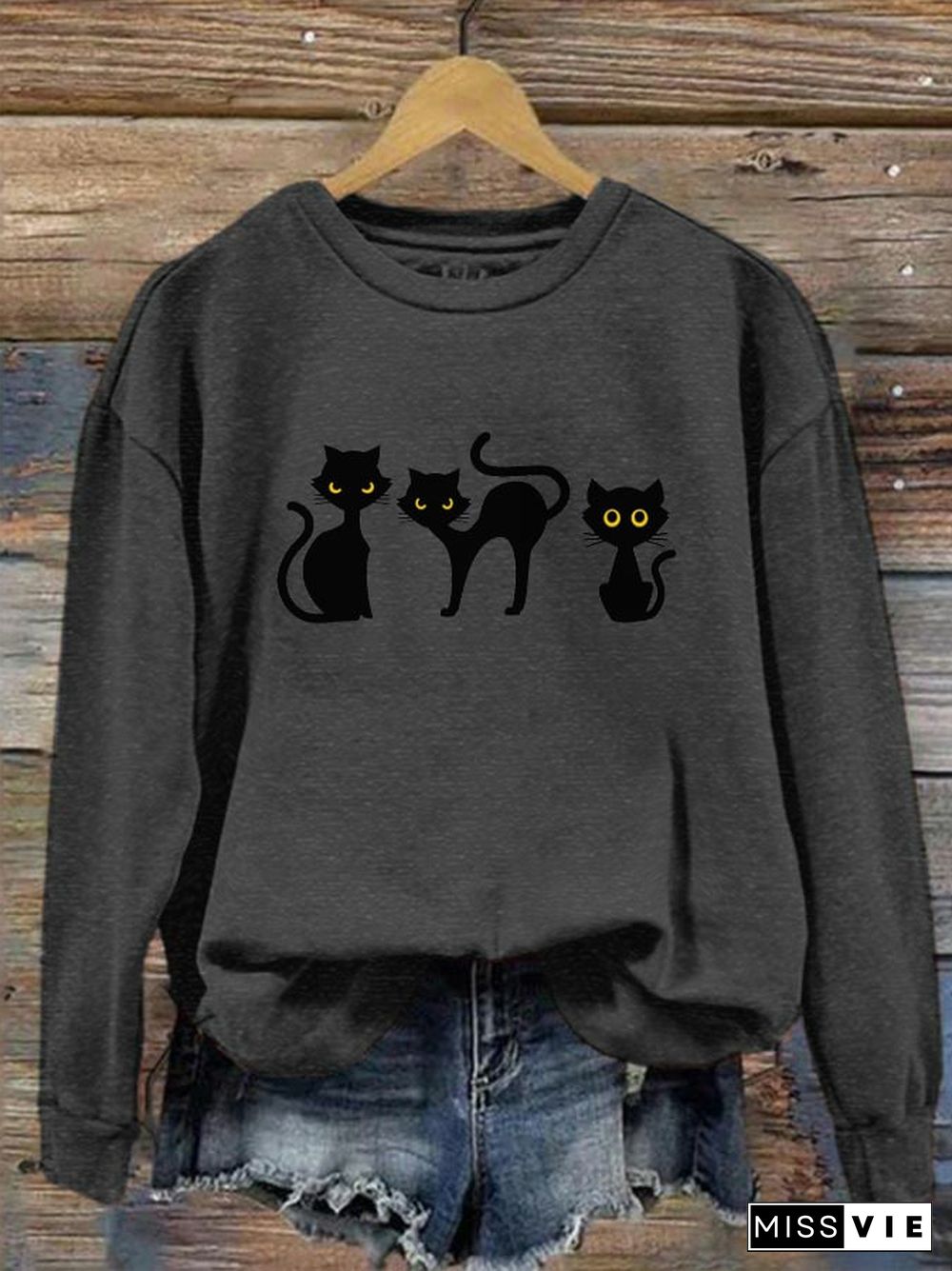 Women's Halloween Cat Print Crew Neck Sweatshirt