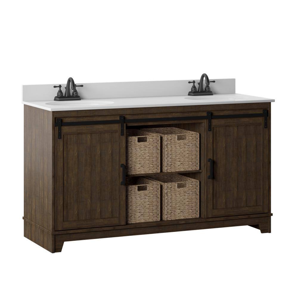 Twin Star Home 60 in.W x 22 in. D x 37.88 in. H Double Sink Bath Vanity in Saw Cut Espresso with White Marble Top and Sliding Barn Door 60BV34004-PD01