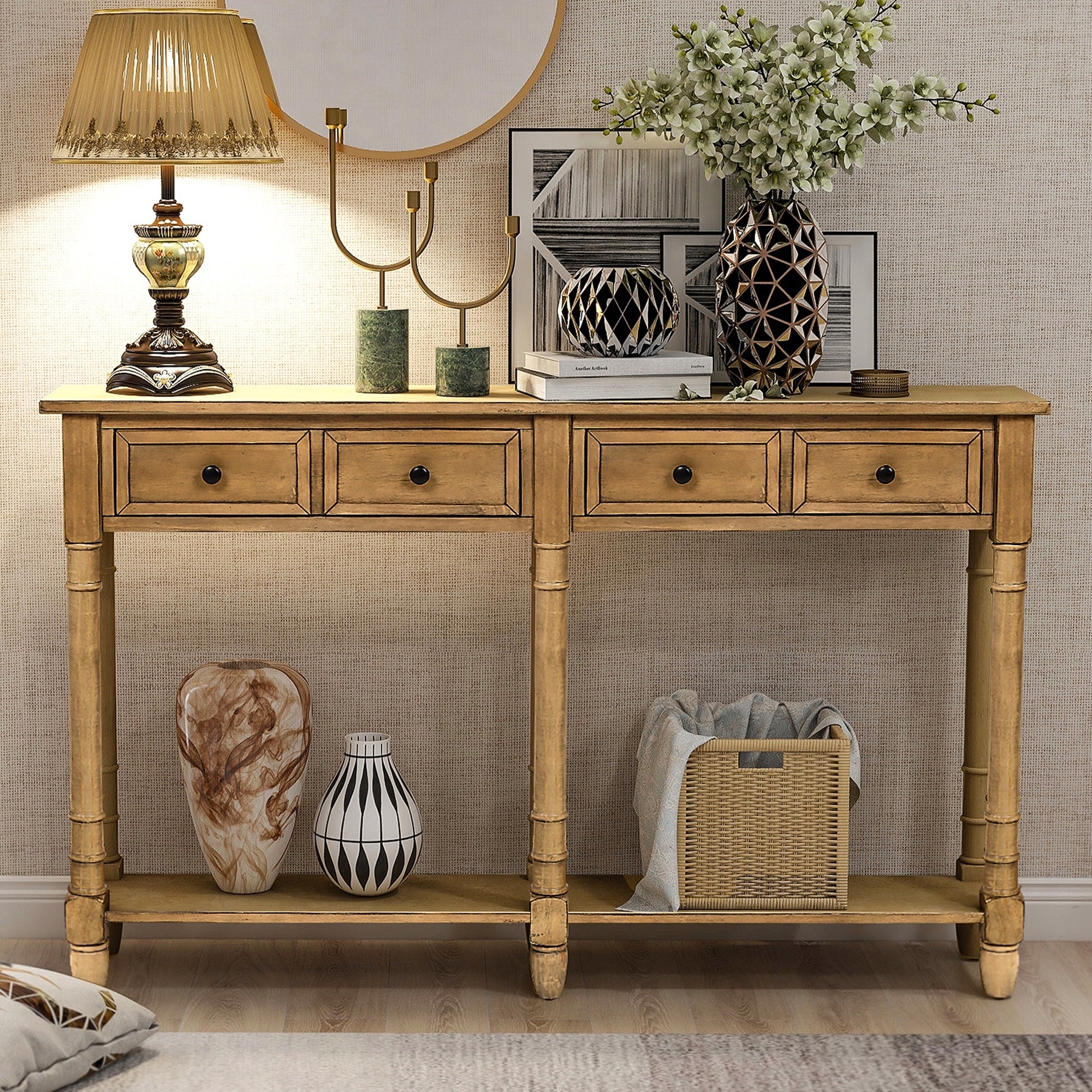 Console Table Sofa Table with Two Storage Drawers and Bottom Shelf for Living Room， Entryway