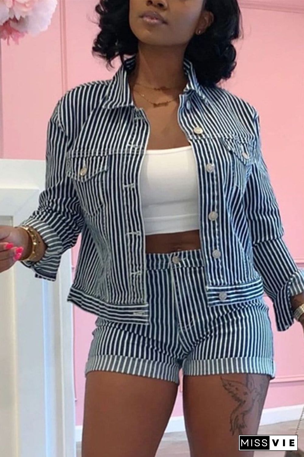 Casual Striped Print Shorts Set