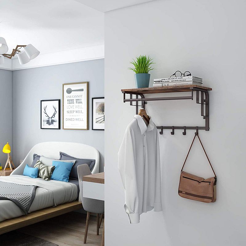 Industrial Coat Rack Shelf Wall Mounted， Coat Hooks Shelf With Hanging Rail