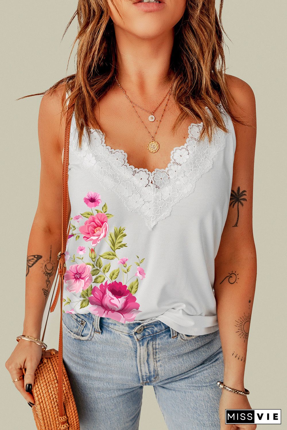 White Lace Neckline Floral Print Tank Top