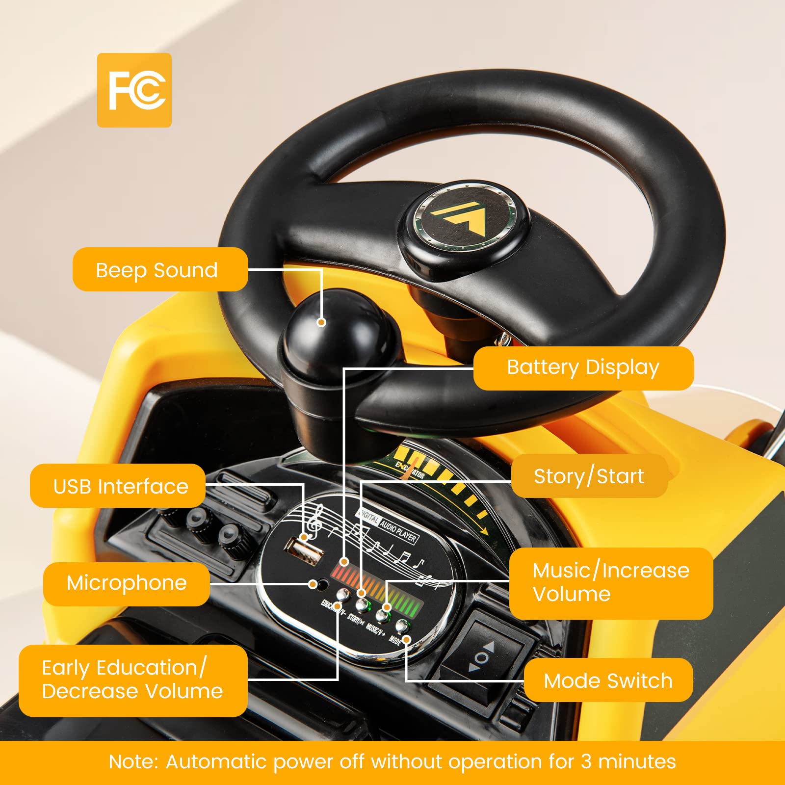 Costzon Ride on Excavator, 6V Battery Powered Digger with Under Seat Storage (Yellow)