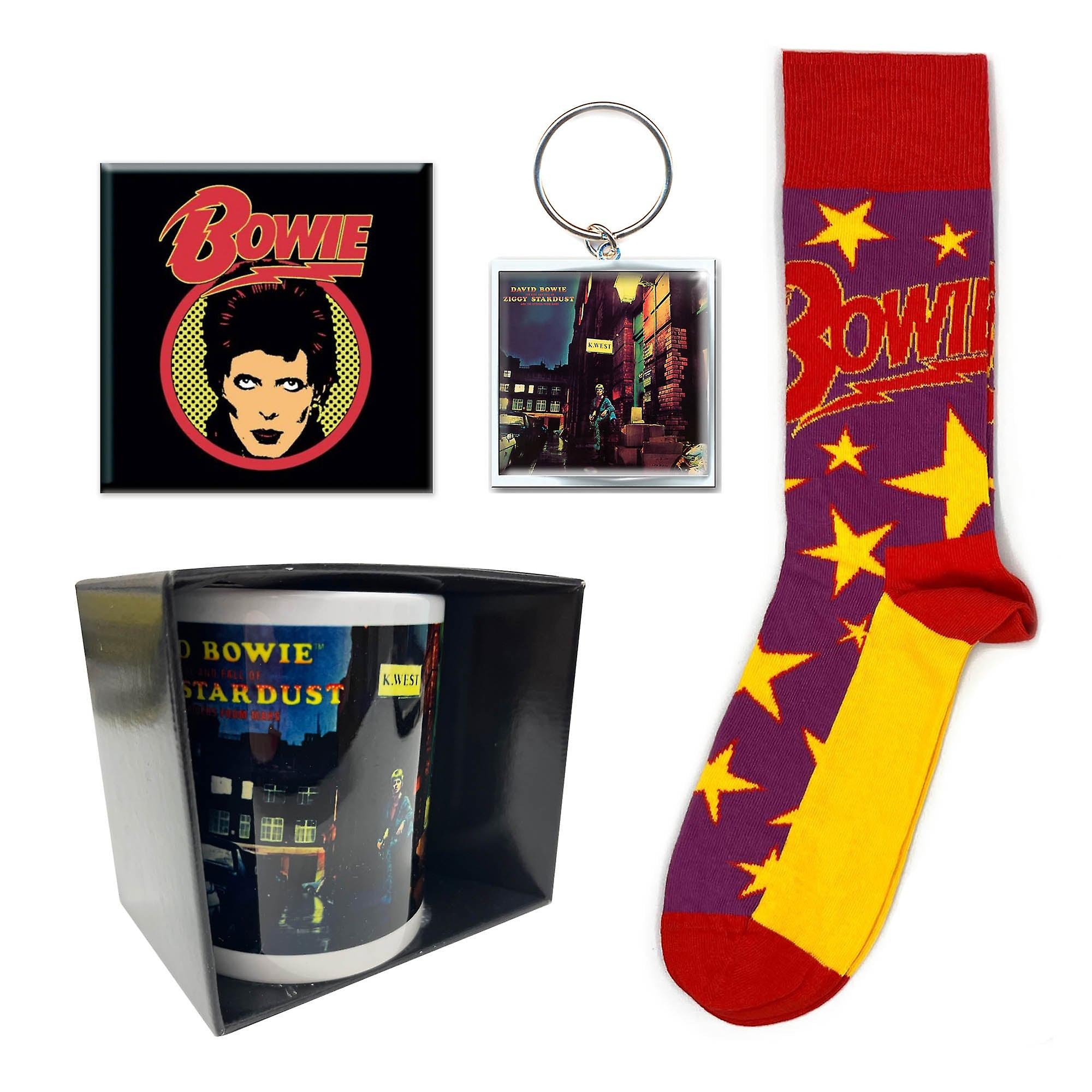 David bowie gift set with socks， keychain， boxed coffee mug， fridge magnet