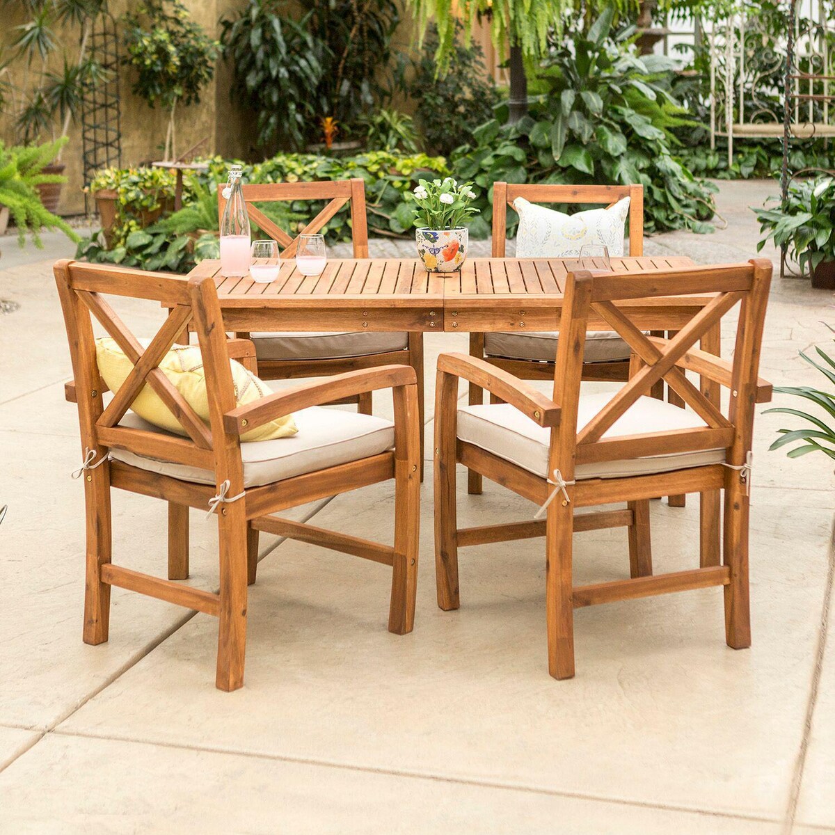 Ultimate Patio Camille Way 5 Piece Acacia Patio Dining Set W/ 60 X 34 Inch Rectangular Table and Natural Cushions