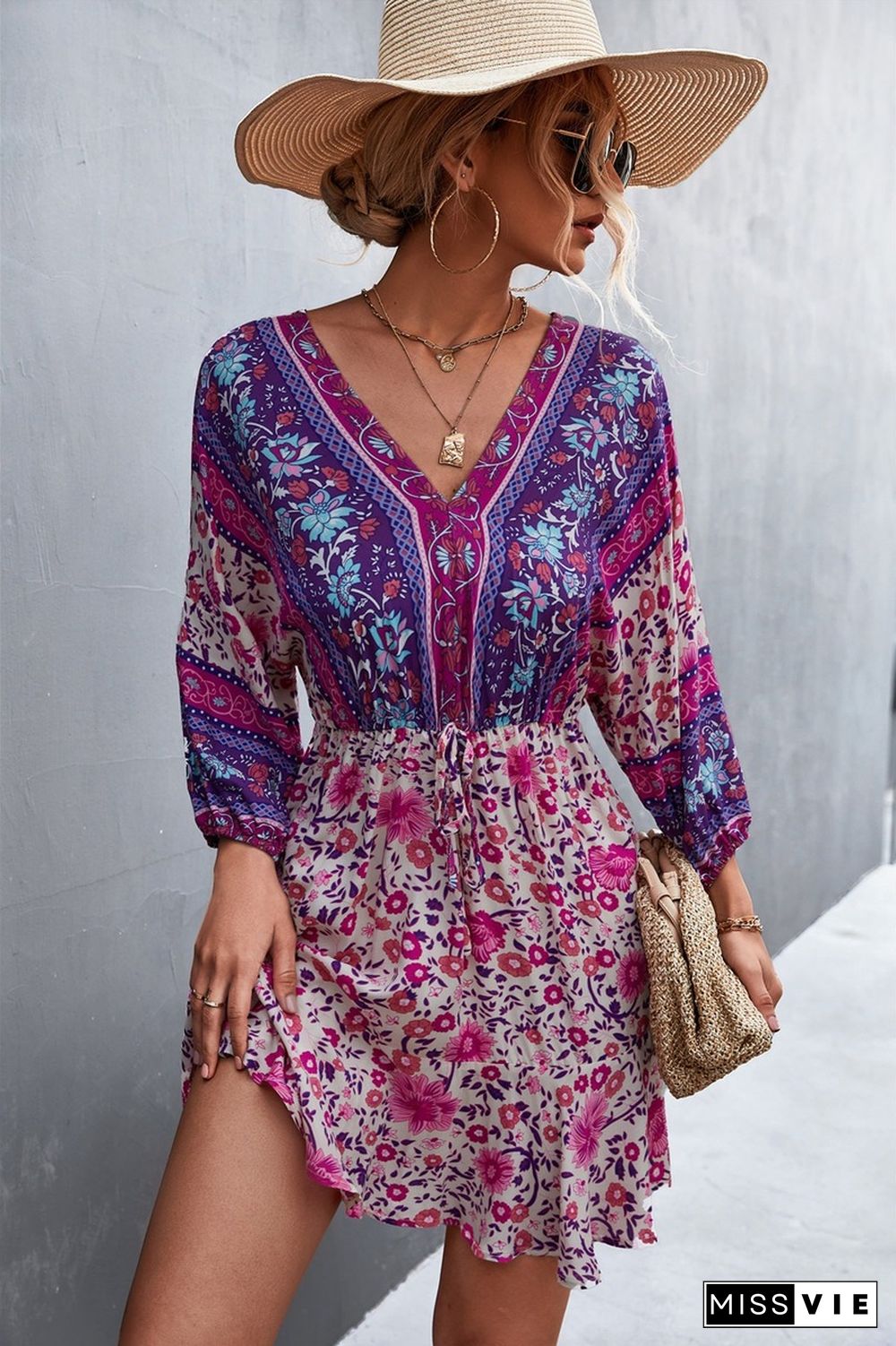 Vintage Floral Print Dress For Women Summer Dresses New Sexy Casual Loose Sweet V-Neck Lace-up High-Rise A-line Mini Dress