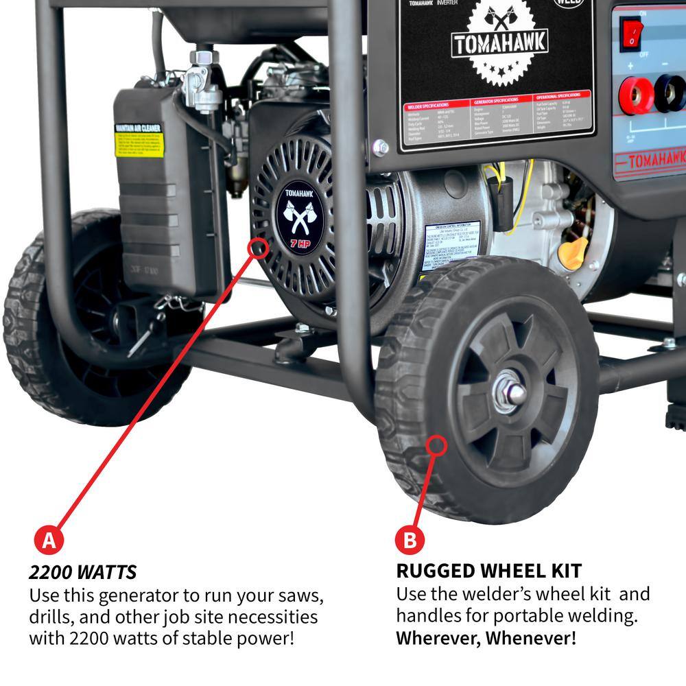 Tomahawk Power 120 Amp DC Multi Process MMA Stick Welder Generator w 7 HP 2200-Watt Inverter Engine Driven Welder and Wheel Kit TWG120A