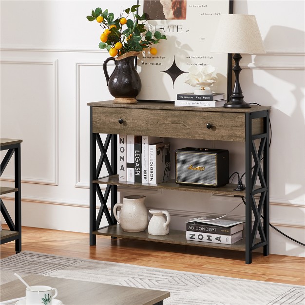 Yaheetech Vintage Wooden Console Table With Power Outlet Sofa Table