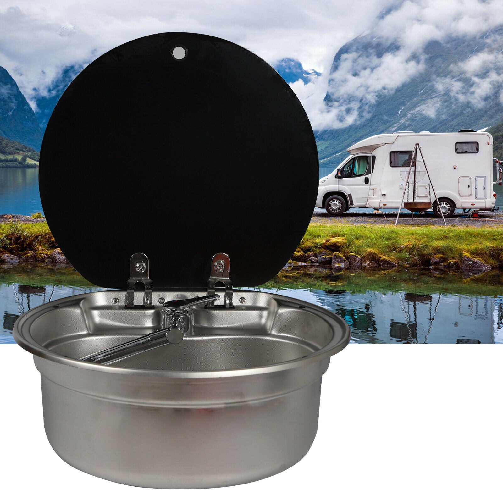 Kitchen Sink Caravan Camper RV Stainless Steel with Glass Lid Cold & Hot Faucet RV Caravan Camper Hand Wash Basin Kitchen Sink with Faucet RV Caravan Camper Stainless Steel Hand Wash Basin Kitchen